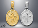 Load image into Gallery viewer, 14K Yellow Gold or White Gold Polished Small/Mini Fleur De Lis in Oval Pendant with Necklace Chain Options
