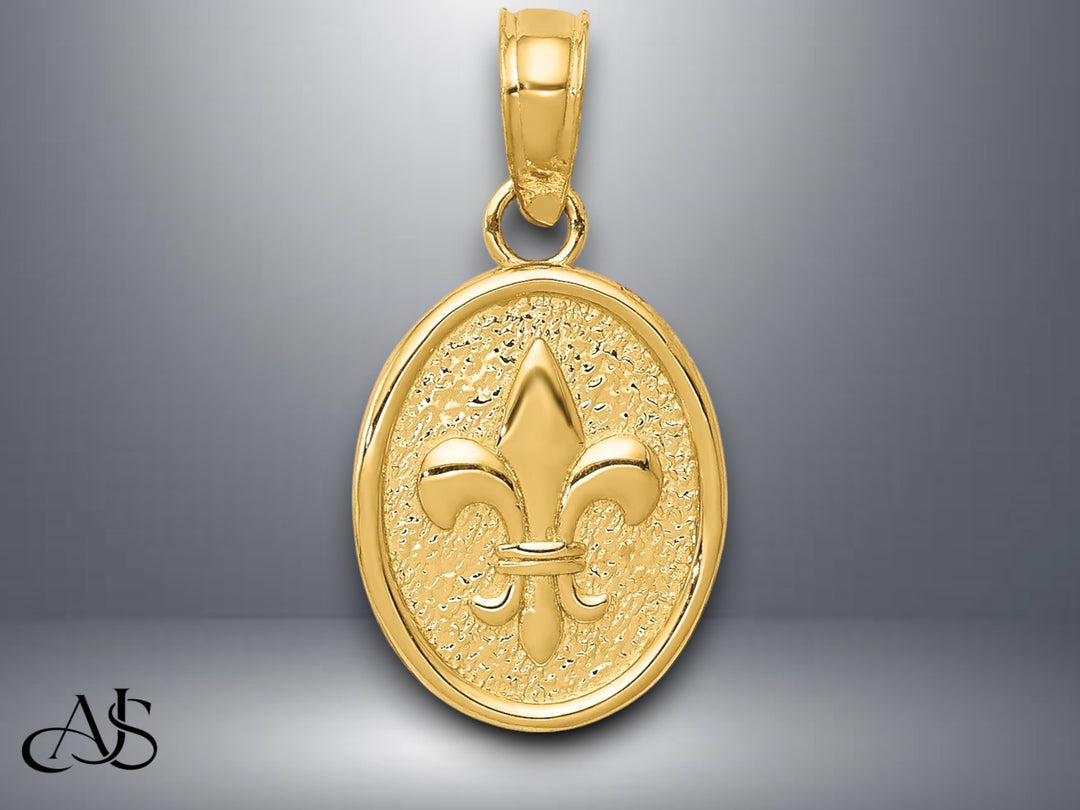 14K Yellow Gold or White Gold Polished Small/Mini Fleur De Lis in Oval Pendant with Necklace Chain Options