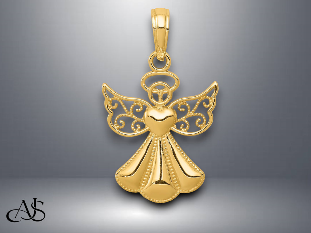 14K Yellow Gold or White Gold Polished/Textured Guardian Angel Heart Pendant with Necklace Chain Options