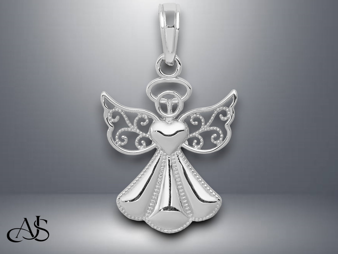 14K Yellow Gold or White Gold Polished/Textured Guardian Angel Heart Pendant with Necklace Chain Options