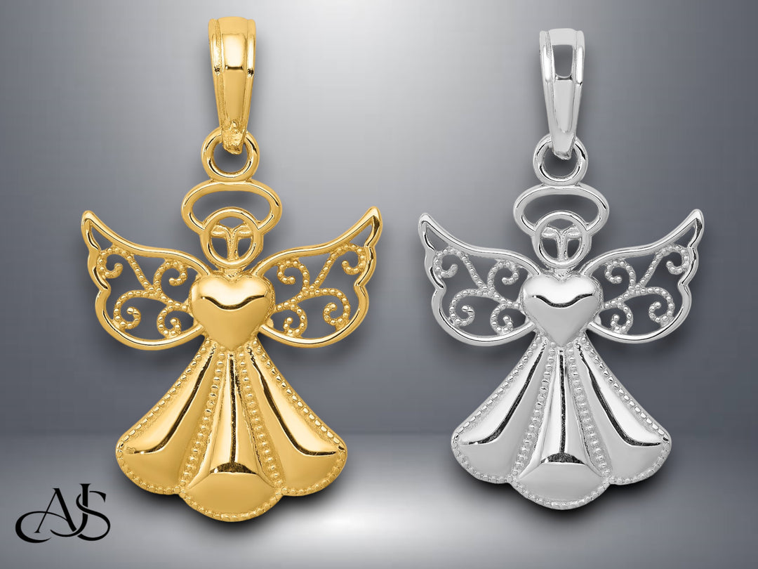 14K Yellow Gold or White Gold Polished/Textured Guardian Angel Heart Pendant with Necklace Chain Options