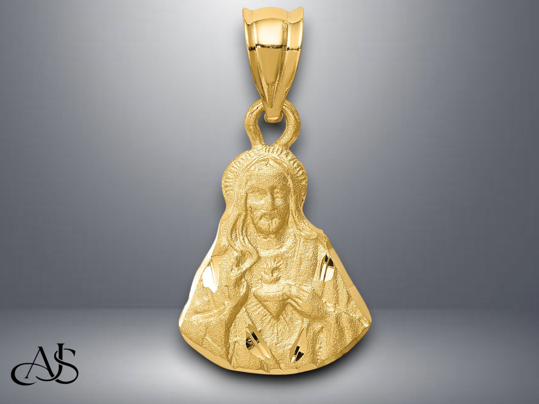 14K Yellow Gold Brushed Diamond-Cut Jesus Pendant with Necklace Chain Options