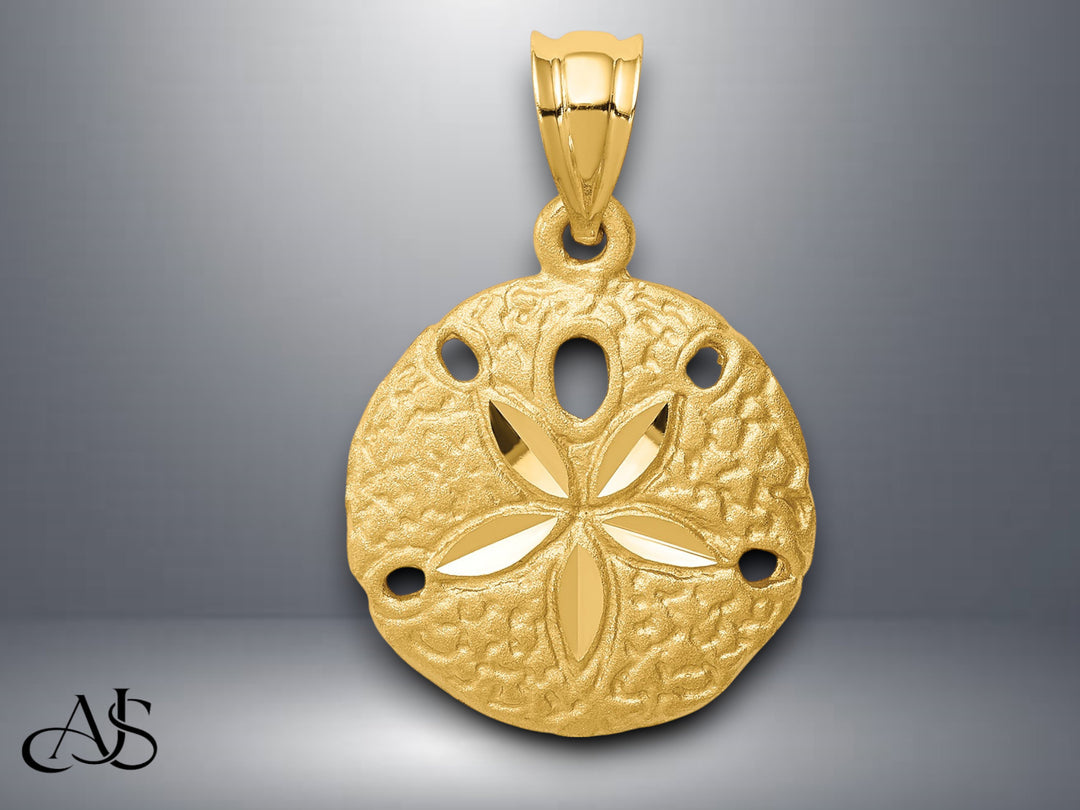 14K Yellow Gold Brushed Diamond-Cut Sand Dollar Pendant with Necklace Chain Options