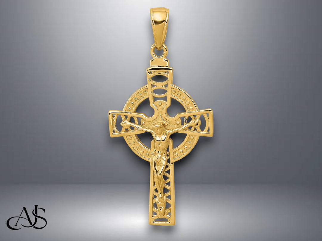 14K Yellow Gold Polished Celtic Crucifix Pendant with Necklace Chain Options