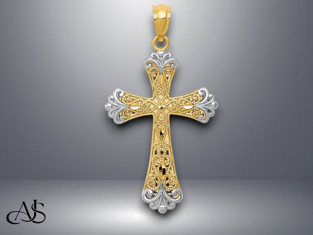 14K Yellow Gold w/Rhodium Reversible Cross Pendant with Necklace Chain Options
