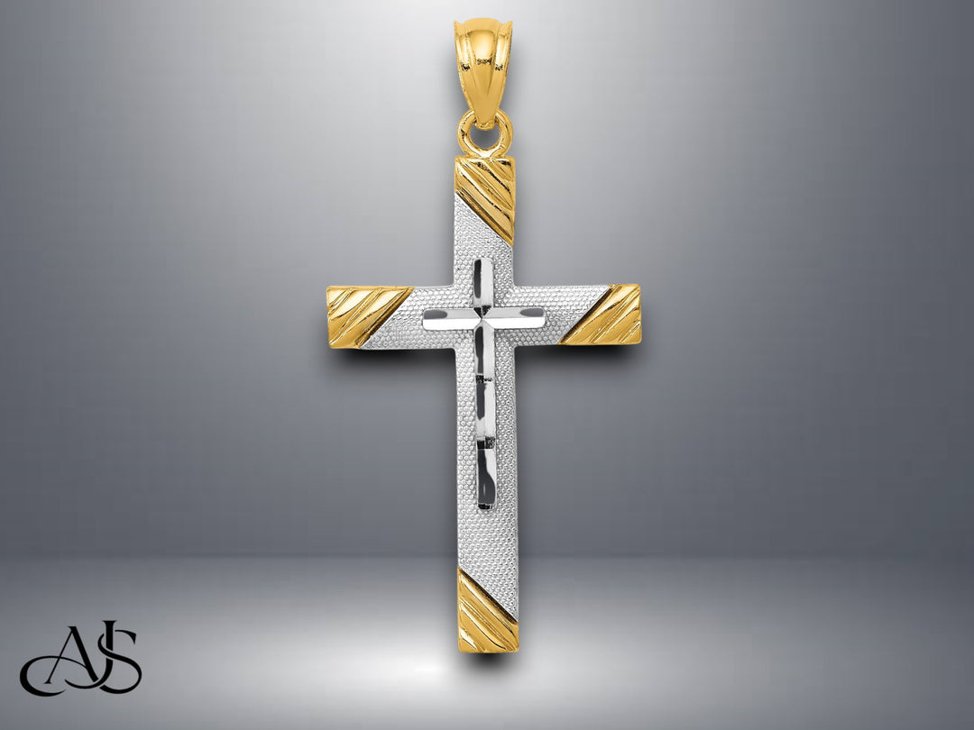 14K Yellow Gold w/Rhodium Cross Pendant with Necklace Chain Options