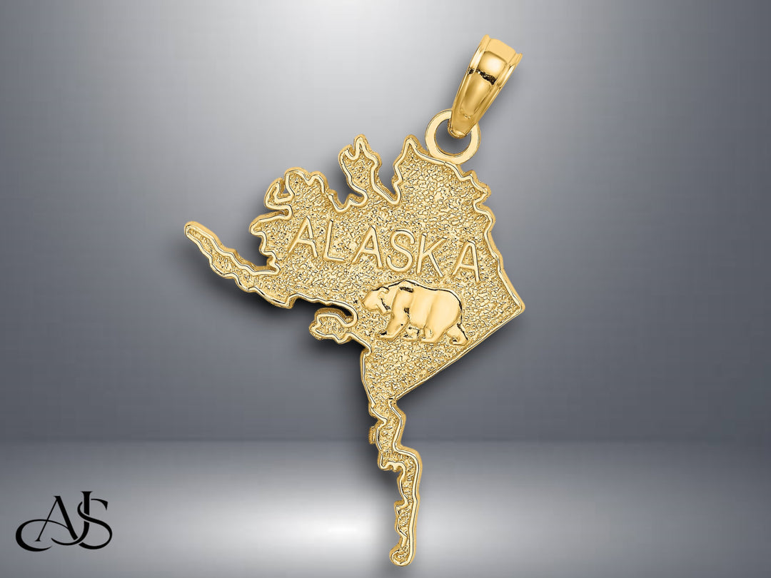 14K Yellow Gold Polished/Textured ALASKA Map Charm with Necklace Chain Options