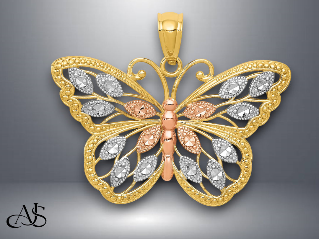 14K Yellow Gold w/White and Rose Rhodium Diamond-cut Butterfly Pendant with Necklace Chain Options