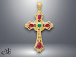 Load image into Gallery viewer, 14K Yellow Gold Ruby and Emerald Cabochon Cross Pendant with Necklace Chain Options

