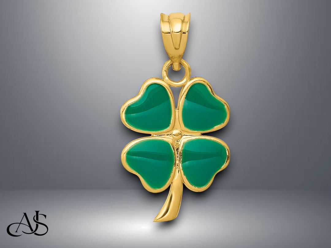 14K Yellow Gold Enameled Four Leaf Clover Pendant with Necklace Chain Options