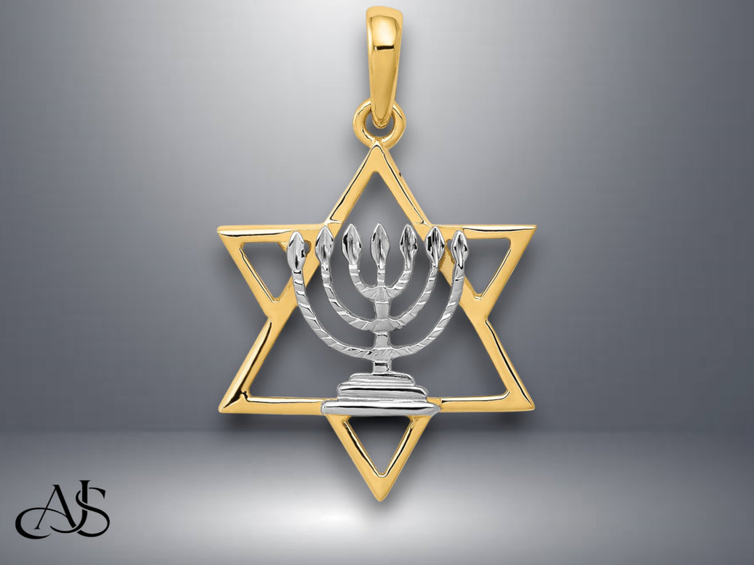 14K Yellow Gold w/ White Rhodium Solid Menorah In Star Of David Charm with Necklace Chain Options