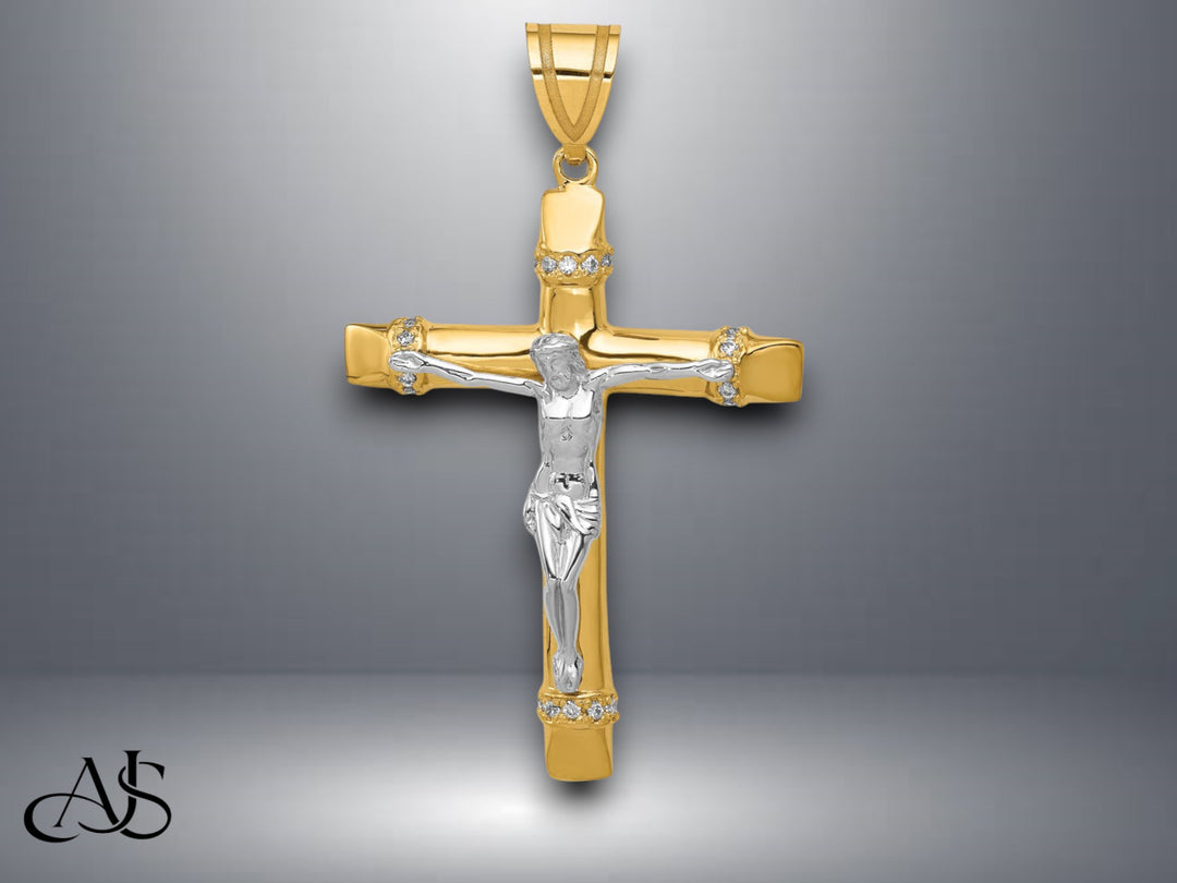 14K Two-tone Gold CZ Crucifix Pendant with Necklace Chain Options