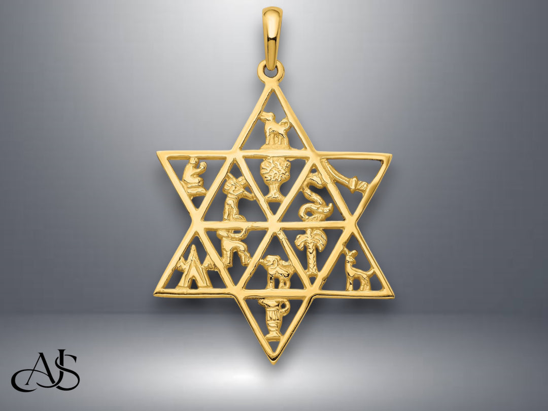 14K Yellow Gold Star Of David 12 Tribes Pendant with Necklace Chain Options