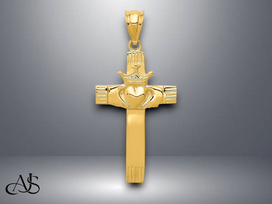 14K Yellow Gold Claddagh Cross Pendant with Necklace Chain Options