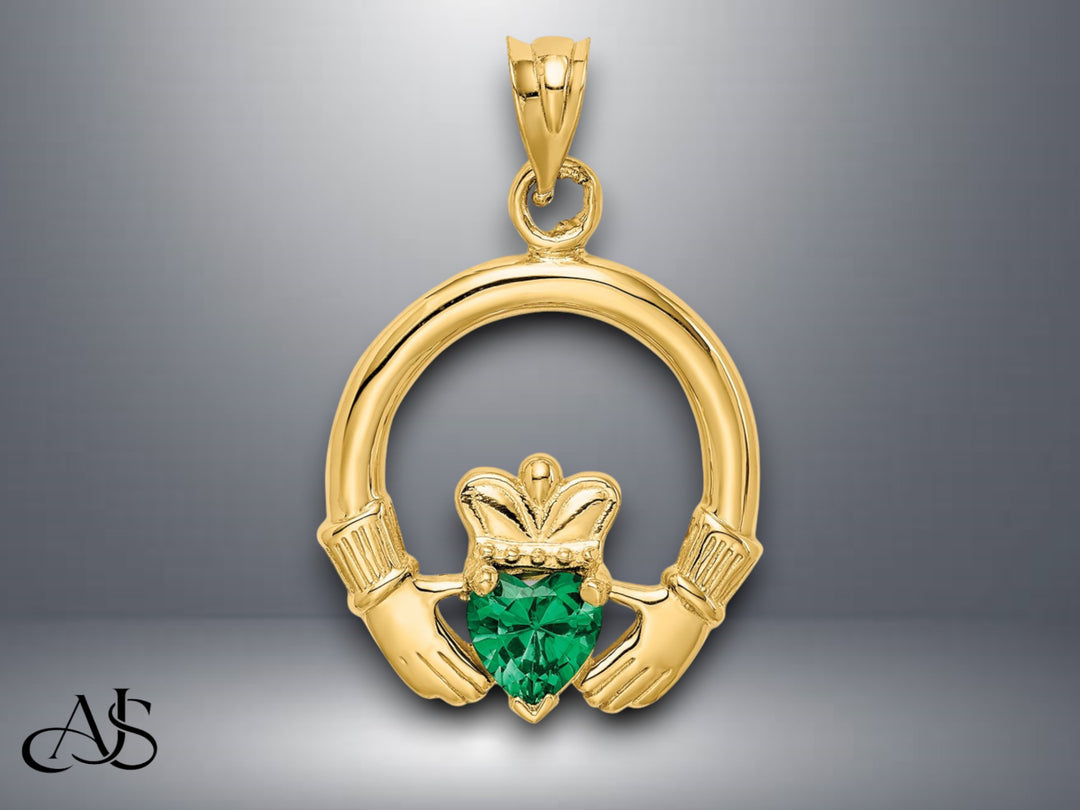 14K Yellow Gold Claddagh with Synthetic Green Stone Pendant with Necklace Chain Options