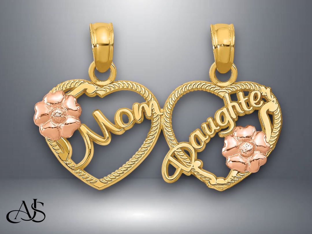 14K Two-Tone Gold MOM - DAUGHTER Break-apart Hearts Pendant with Necklace Chain Options