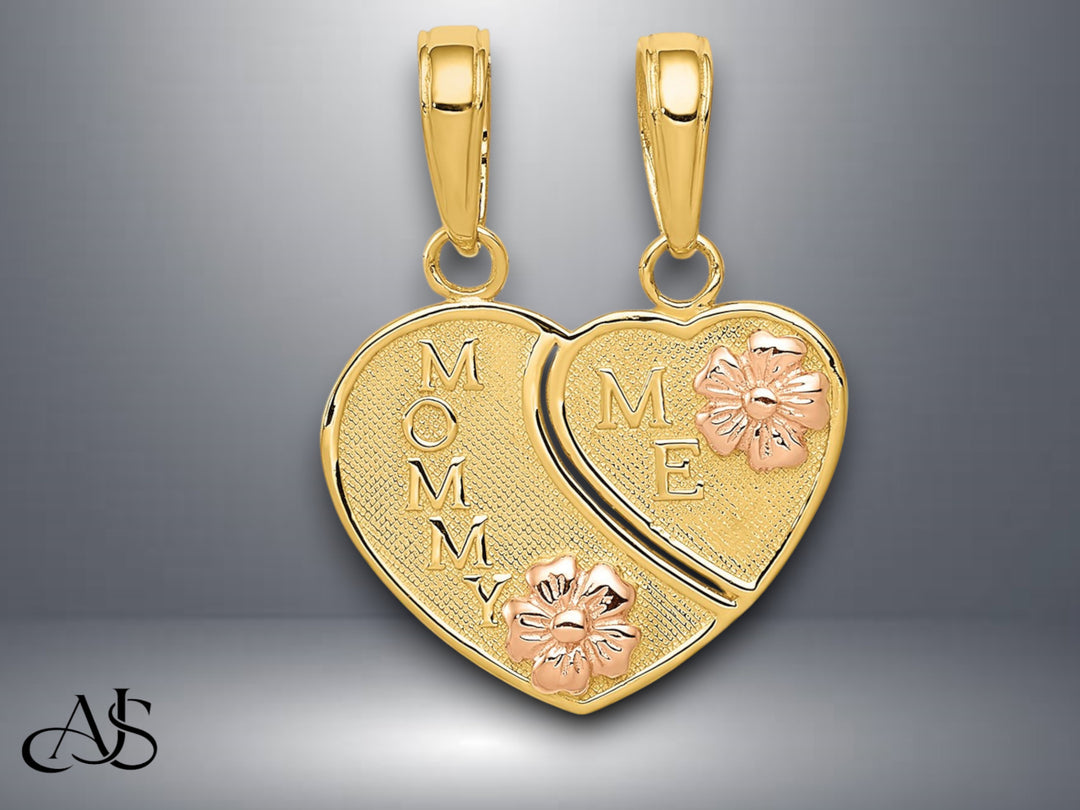 14K Two-Tone Gold MOMMY-ME Break-apart Heart Pendant with Necklace Chain Options
