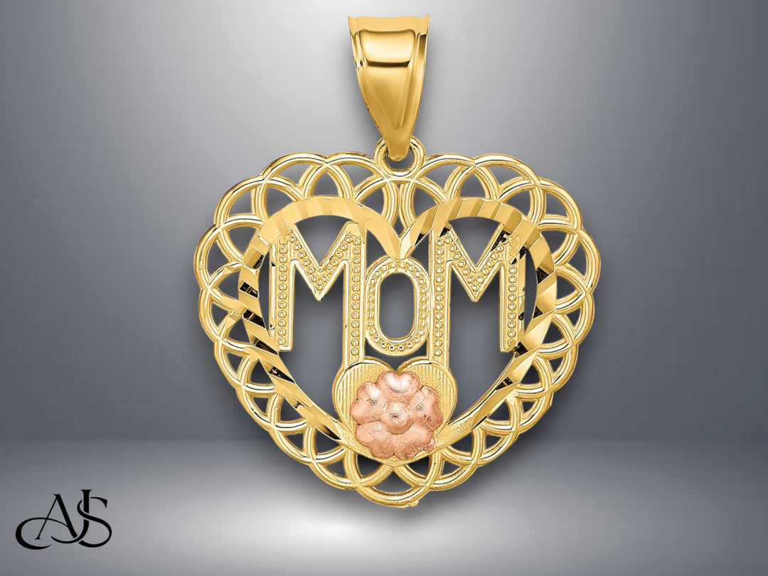 14K Two-Tone Gold MOM in Heart Frame Charm with Necklace Chain Options