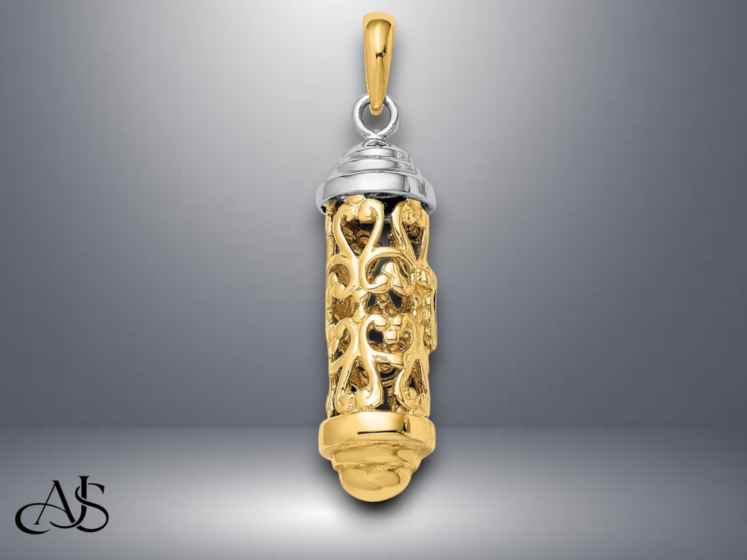 14K Two-Tone Gold 3D Mezuzah Pendant with Necklace Chain Options