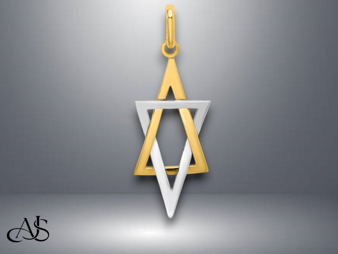 14K Yellow Gold W/ Rhodium Elongated Jewish Star Of David Charm with Necklace Chain Options
