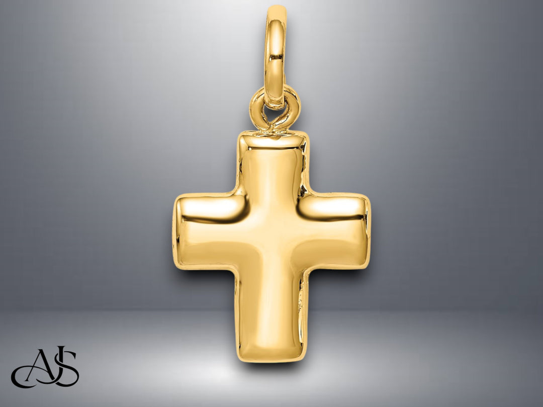 14K Yellow Gold Puffed Cross Charm with Necklace Chain Options