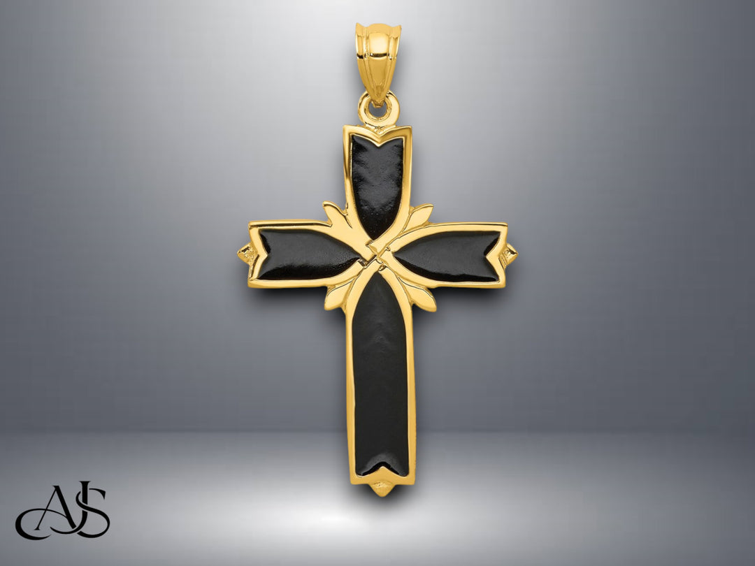 14K Yellow Gold Enameled Latin Cross Pendant with Necklace Chain Options