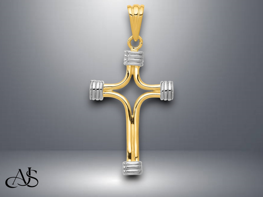 14K Yellow Gold w/Rhodium Fancy Cross Pendant with Necklace Chain Options