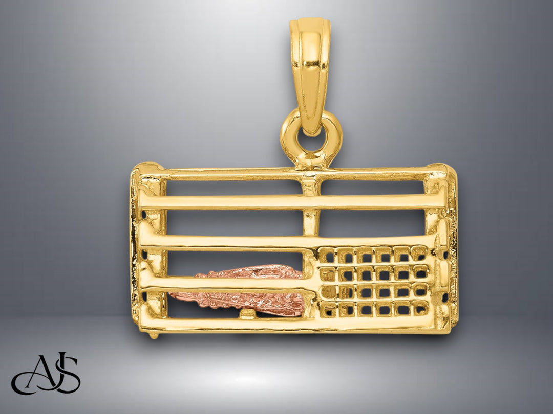 14K Two-Tone Gold Polished 3-D Lobster Trap Pendant with Necklace Chain Options
