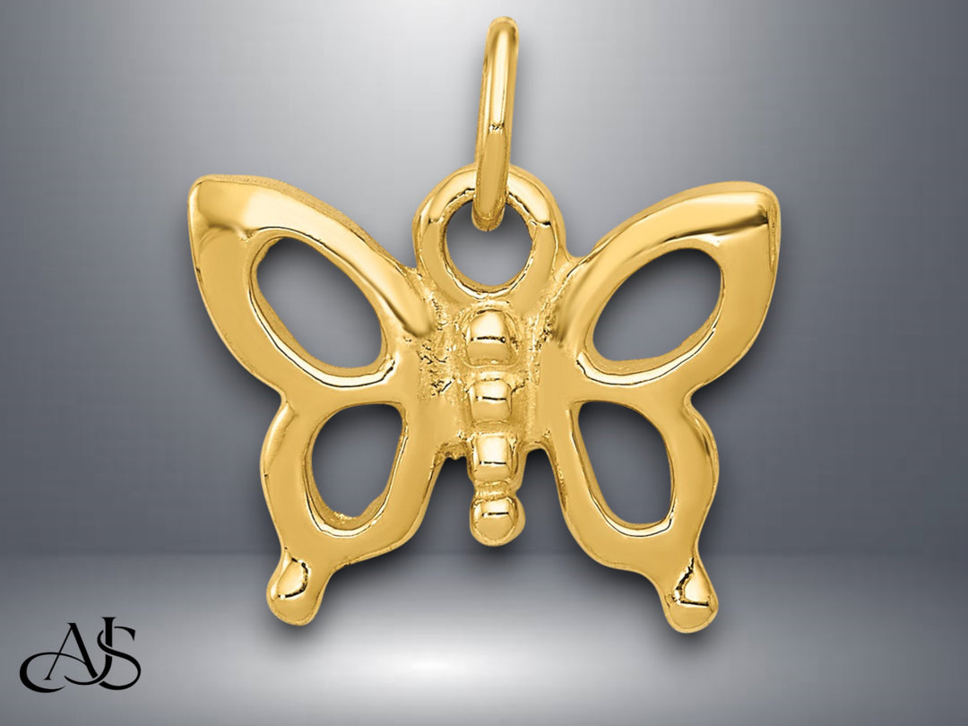 14K Yellow Gold Solid Polished Butterfly Charm with Necklace Chain Options