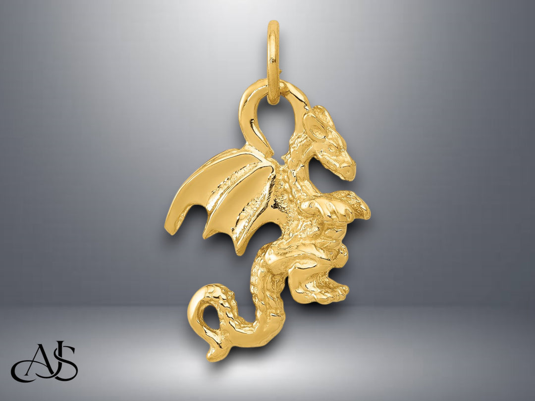 14K Yellow Gold Solid Polished 3-D Dragon Charm with Necklace Chain Options