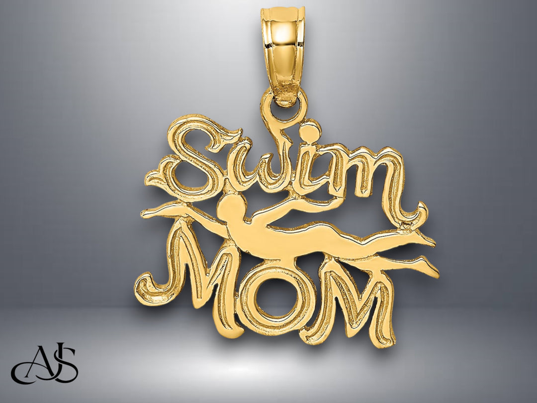 14K Yellow Gold SWIM MOM w/Swimmer Charm with Necklace Chain Options