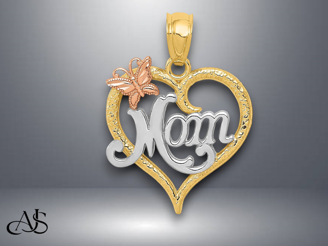 14K Two-tone Gold w/White Rhodium Polished MOM Heart Pendant with Necklace Chain Options