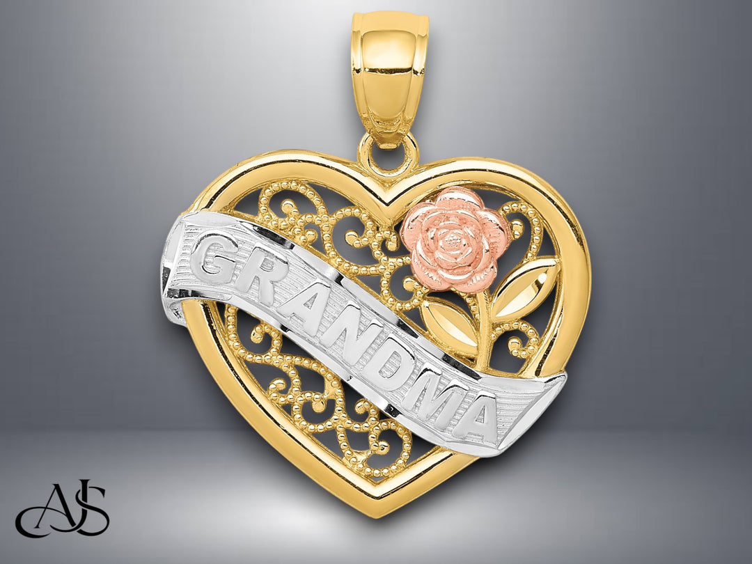 14K Two-tone Gold w/White Rhodium GRANDMA Heart Charm with Necklace Chain Options
