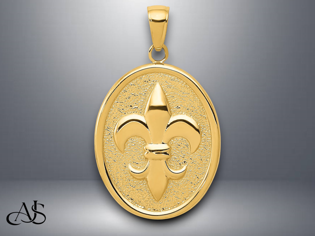 14K Yellow Gold Fleur-De-Lis on Oval Disk Pendant with Necklace Chain Options