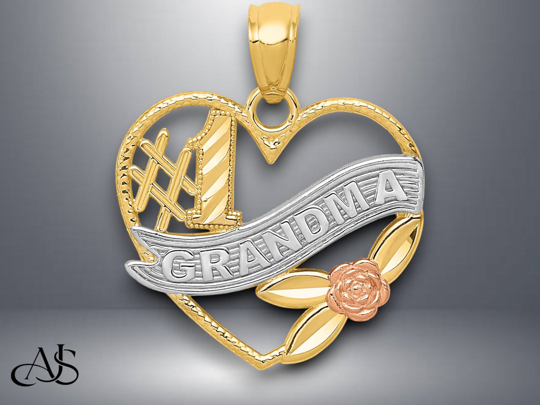 14K Two-tone Gold w/White Rhodium #1 GRANDMA Heart Pendant with Necklace Chain Options