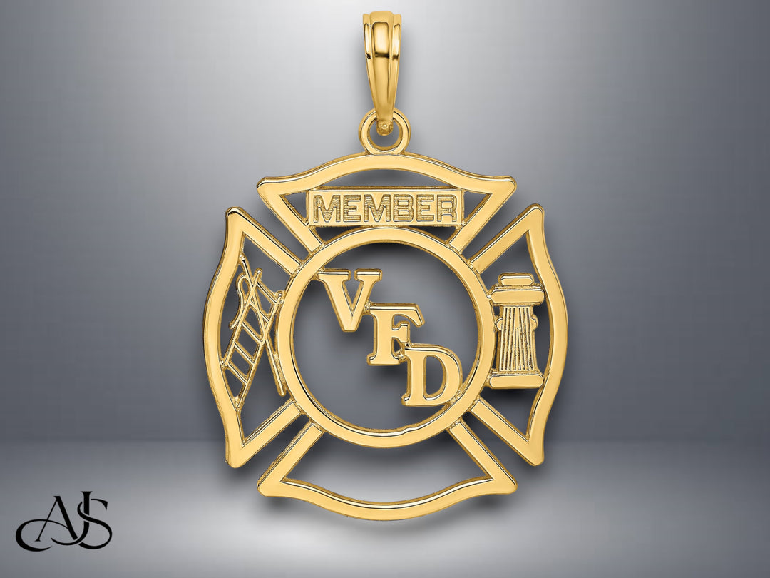 14K Yellow Gold or White Gold VFD Member Shield Charm with Necklace Chain Options
