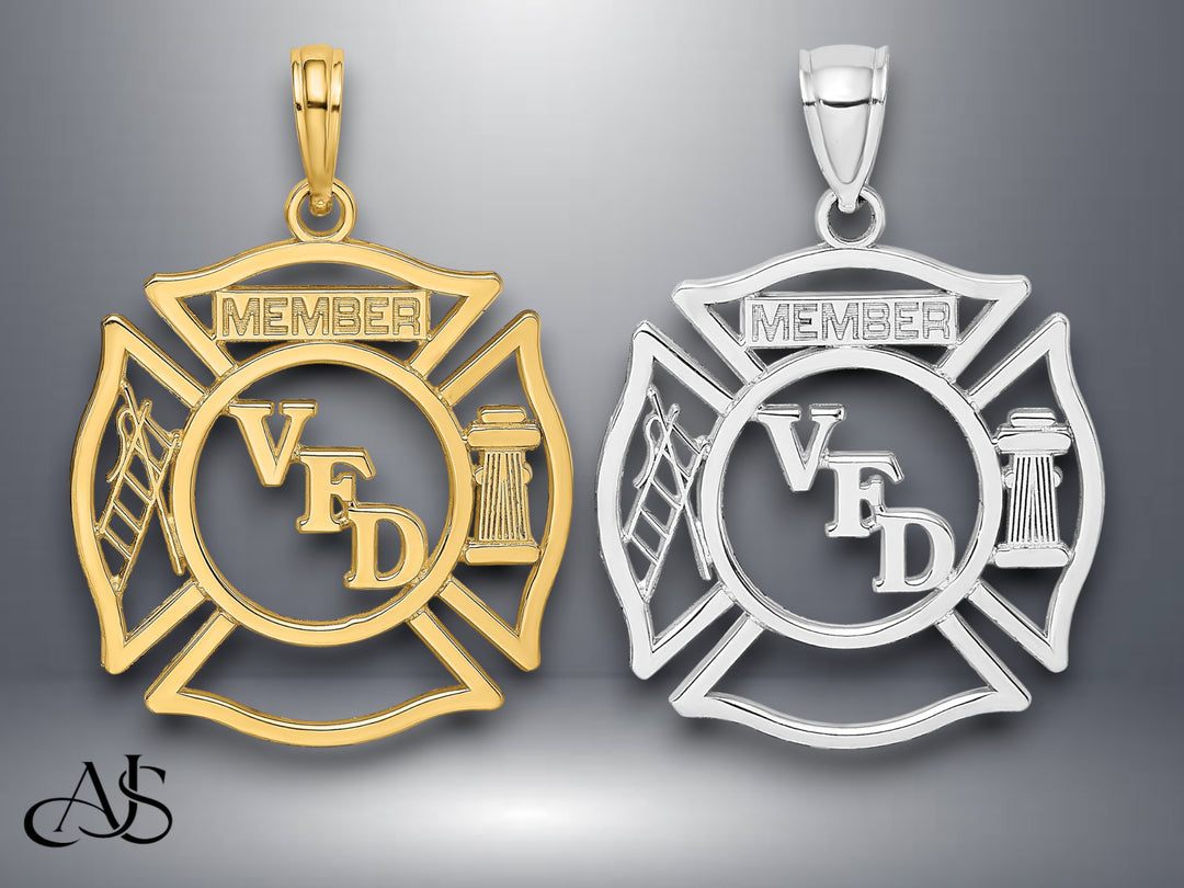 14K Yellow Gold or White Gold VFD Member Shield Charm with Necklace Chain Options