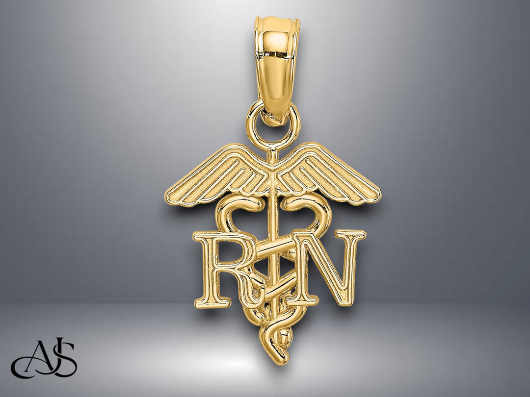 14K Yellow Gold RN Caduceus Charm with Necklace Chain Options