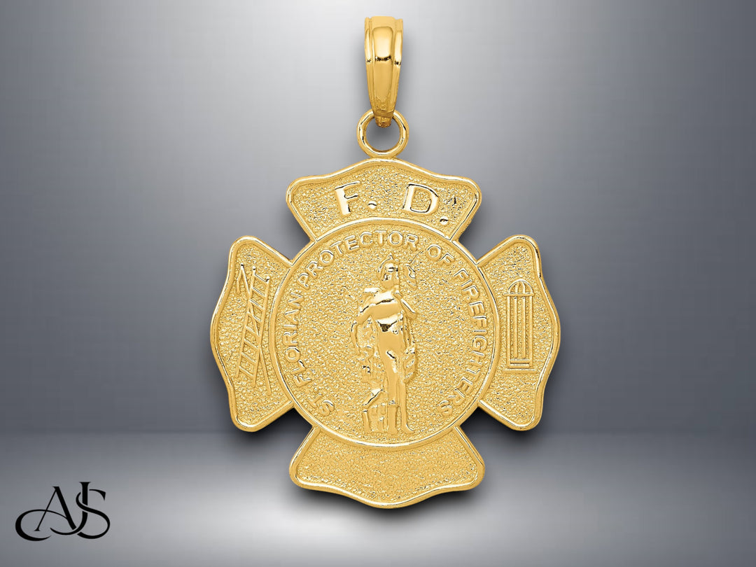 14K Yellow Gold or White Gold Fire Department FD St. Florian Badge Pendant with Necklace Chain Options