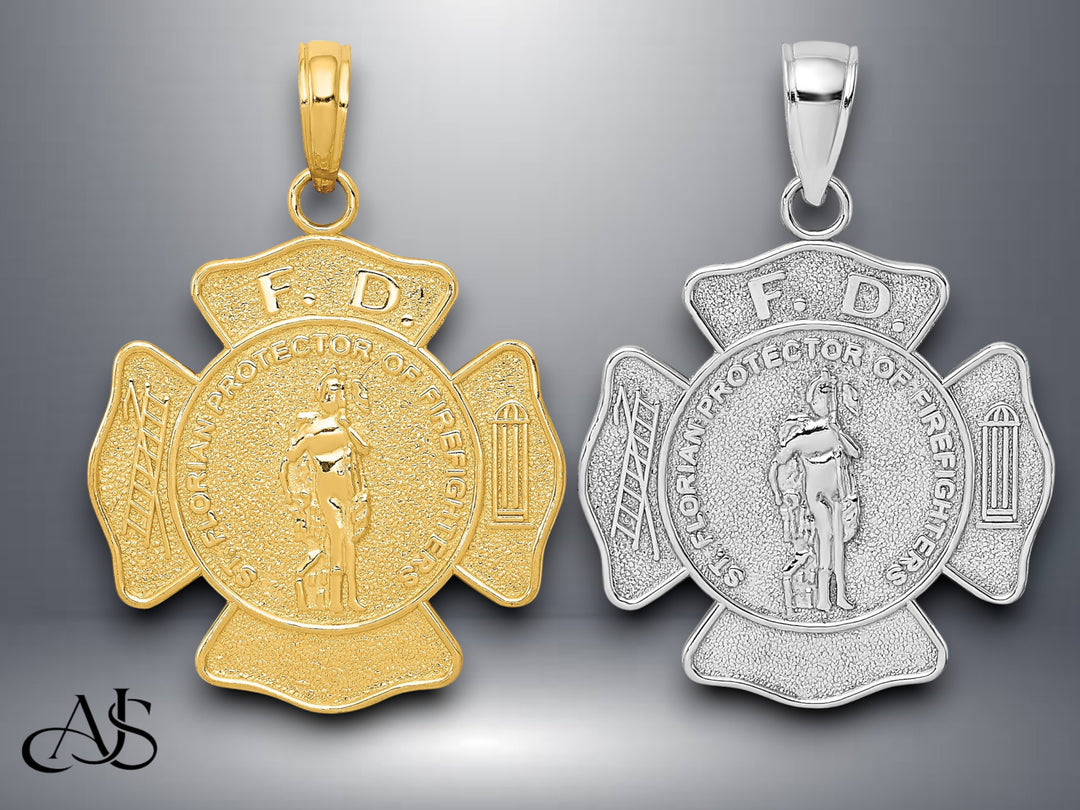 14K Yellow Gold or White Gold Fire Department FD St. Florian Badge Pendant with Necklace Chain Options
