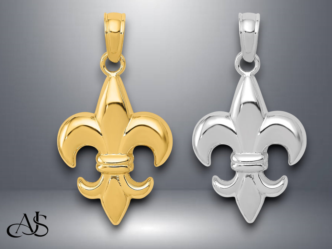 14K Yellow Gold or White Gold 2-D Small Fleur de Lis Charm with Necklace Chain Options