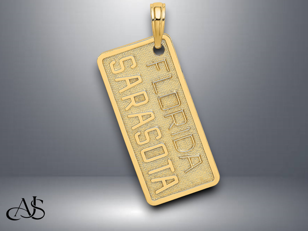 14K Yellow Gold FLORIDA SARASOTA License Plate Charm with Necklace Chain Options