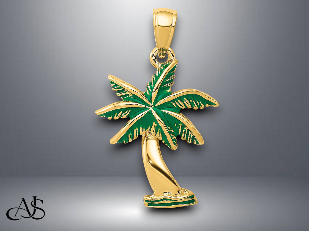 14K Yellow Gold Enameled Palm Trees Pendant with Necklace Chain Options