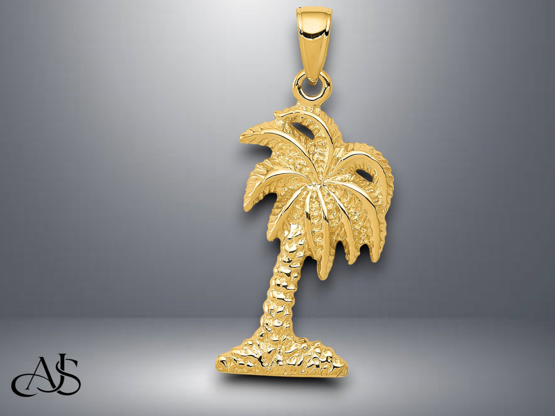 14K Yellow Gold Solid Palm Trees Pendant with Necklace Chain Options