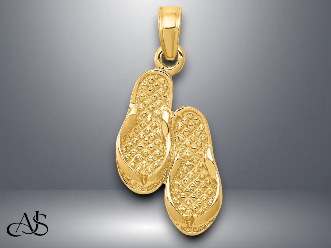 14K Yellow Gold or White Gold 3D Flip Flops Pendant with Necklace Chain Options