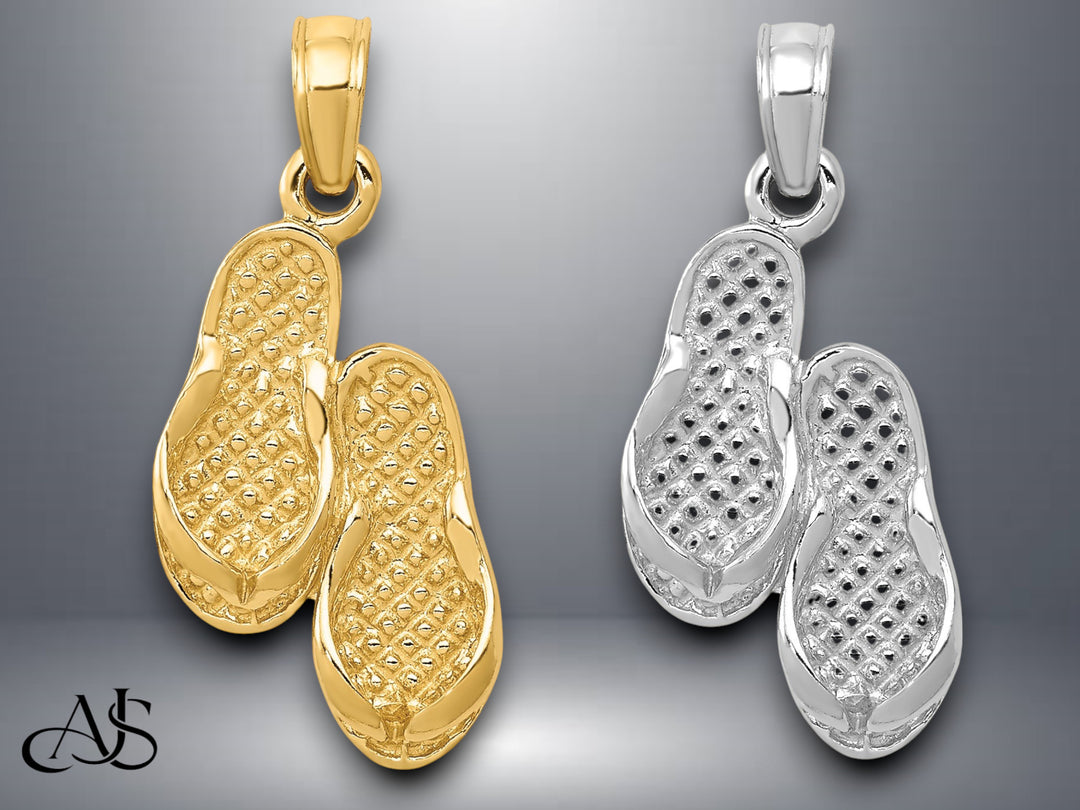 14K Yellow Gold or White Gold 3D Flip Flops Pendant with Necklace Chain Options