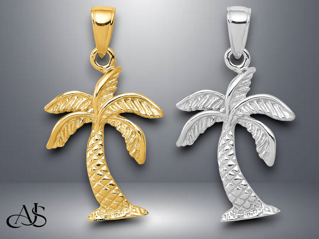 14K Yellow Gold or White Gold Solid Palm Tree Pendant with Necklace Chain Options