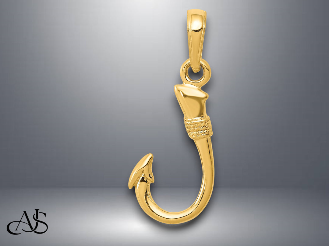 14K Yellow Gold 3D Fish Hook Pendant with Necklace Chain Options