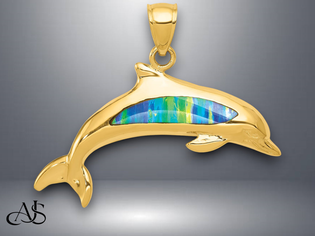 14K Yellow Gold Lab Created Opal Dolphin Pendant with Necklace Chain Options