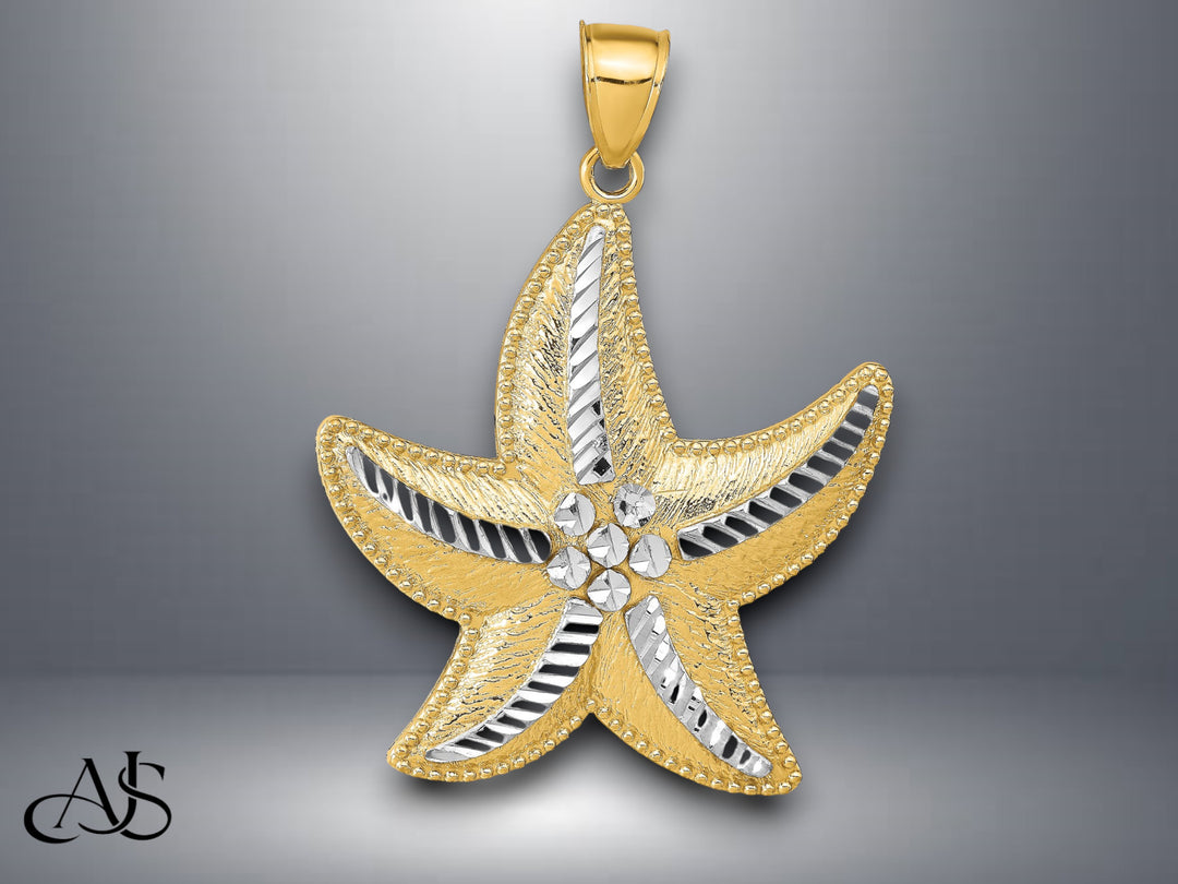 14K Yellow Gold and Rhodium Diamond-Cut Textured Starfish Pendant with Necklace Chain Options